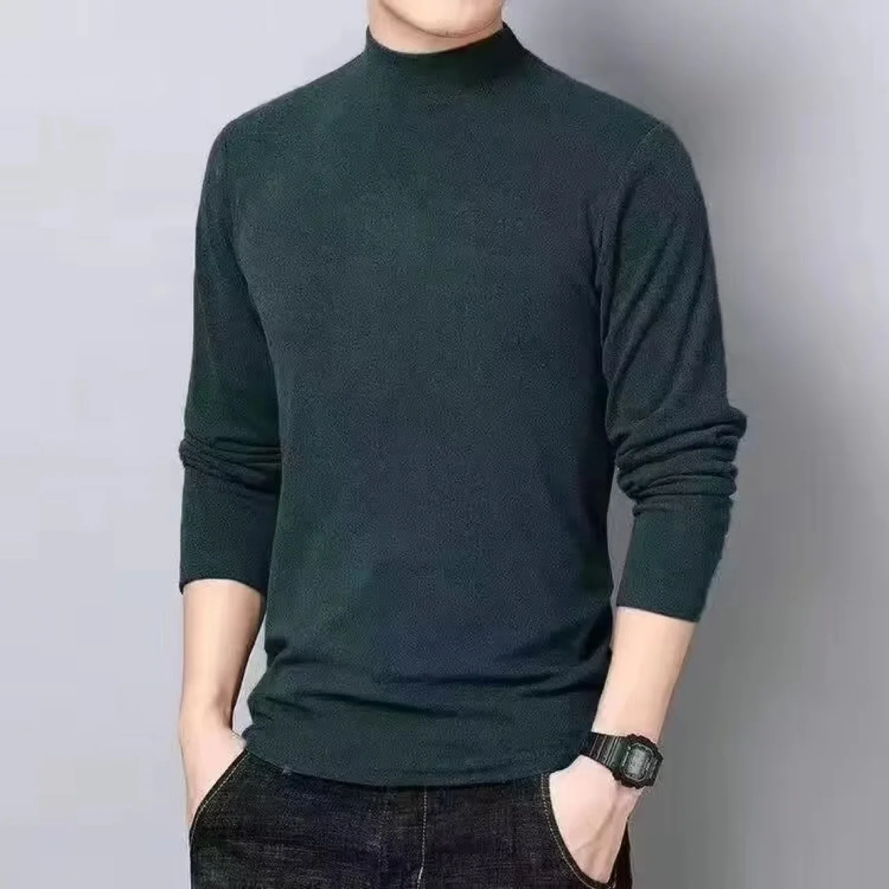 

Mid to high neck men's solid color long sleeved autumn and winter semi high neck base shirt top suede inner warm T-shirt