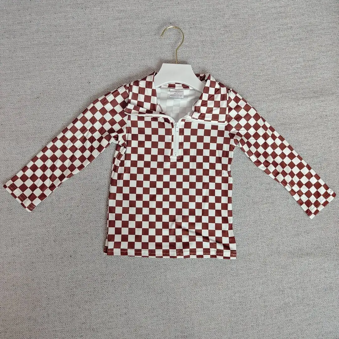 

9.9 Baby Girls Long Sleeve Tops Baby Girls Brown Checkered Zip Pullovers Tops