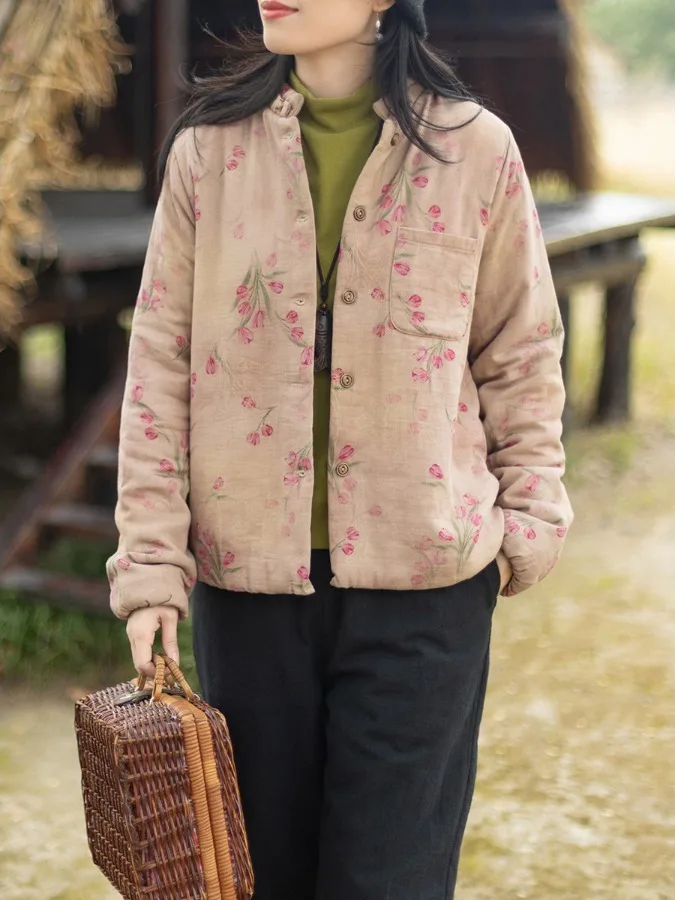 

Vintage Floral Print Cotton Jacket Women's Stand Collar Loose Fit Versatile Ages Reducing Spring Autumn Outerwear Coat