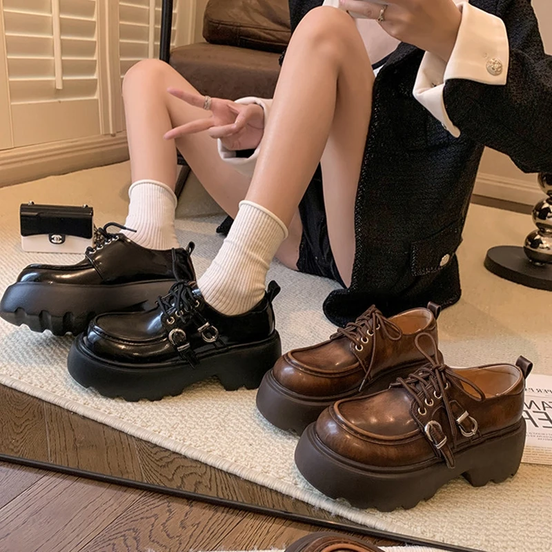 

Women's new leather cowhide round toe high-heeled metal belt buckle lace up college single shoe thick sole retro casual shoes