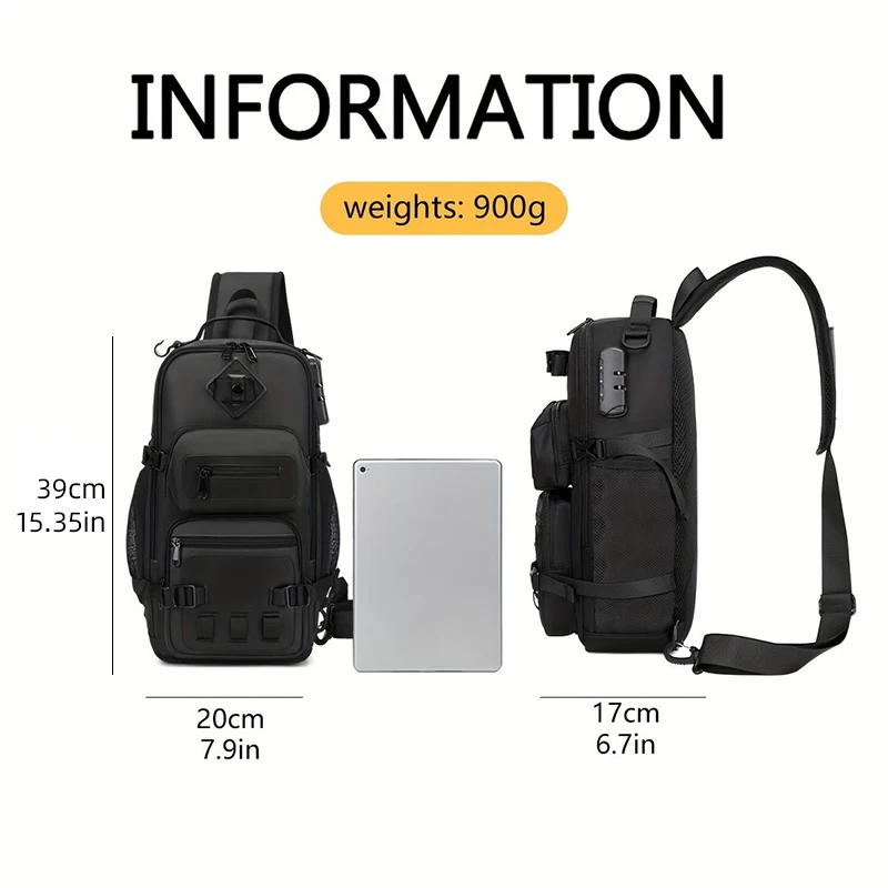 14L Men Chest Bag Outdoor Fishing Camping Hiking Backpack Anti-theft with Combination Lock Bait Gear Storage Kit Crossbody Waist