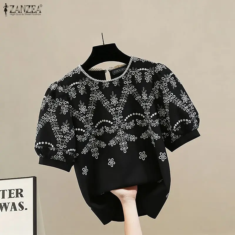 

ZANZEA Summer Tops Short Sleeve Vintage Blouse Women O-Neck Lace Patchwork Floral Print Shirts 2026 Fashion Casual Loose Blusas