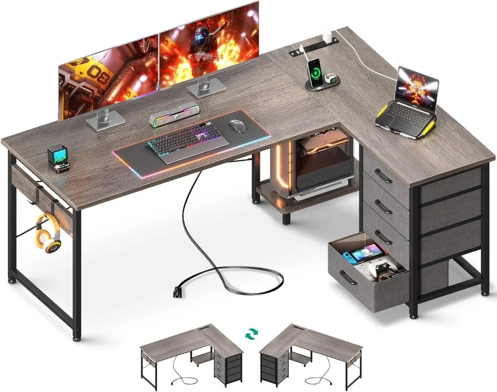 AODK L Shaped Desk with 4 Tier Drawers, 61" Reversible Gaming Desk with Power Outlets, L Shaped Computer Desk with USB