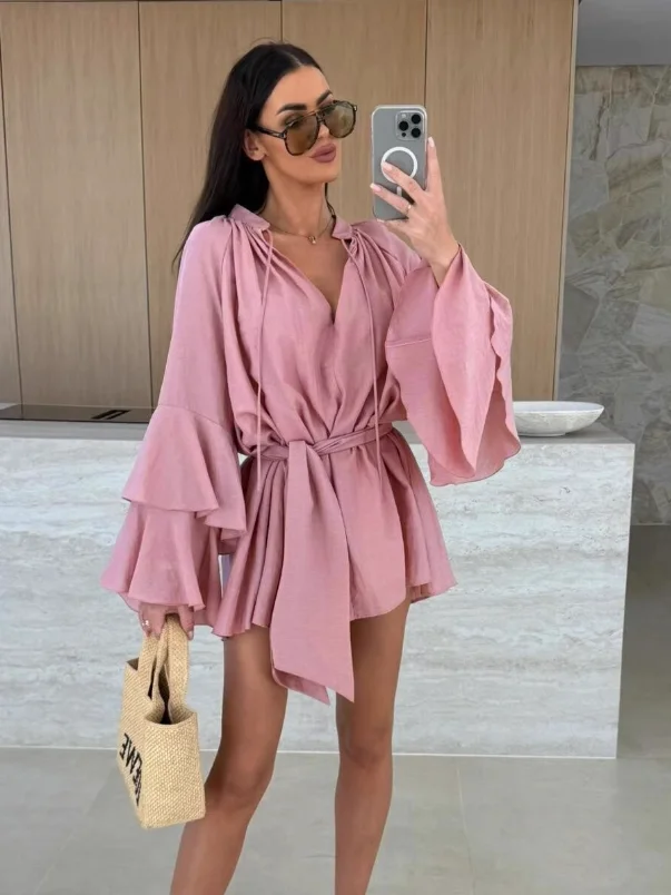 Pink V-ne Loose Long Sve Dr with Belt Autumn New Sle Faionable ort Skirt Commute Simple High Waist Polyester Fiber