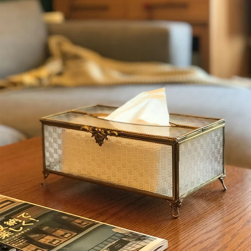 Light luxury retro brass pattern glass tissue box living room creative dining room pumping carton napkin box