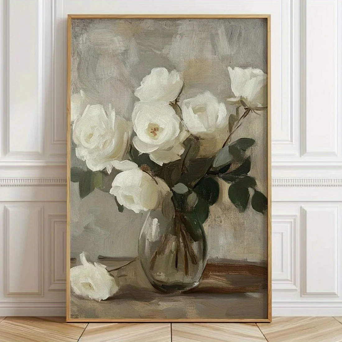 White Roses in Glass Vase Canvas Print, Contemporary Painting Style Wall Art, Frameless Home Decor for Living Room, Bedroom, Off