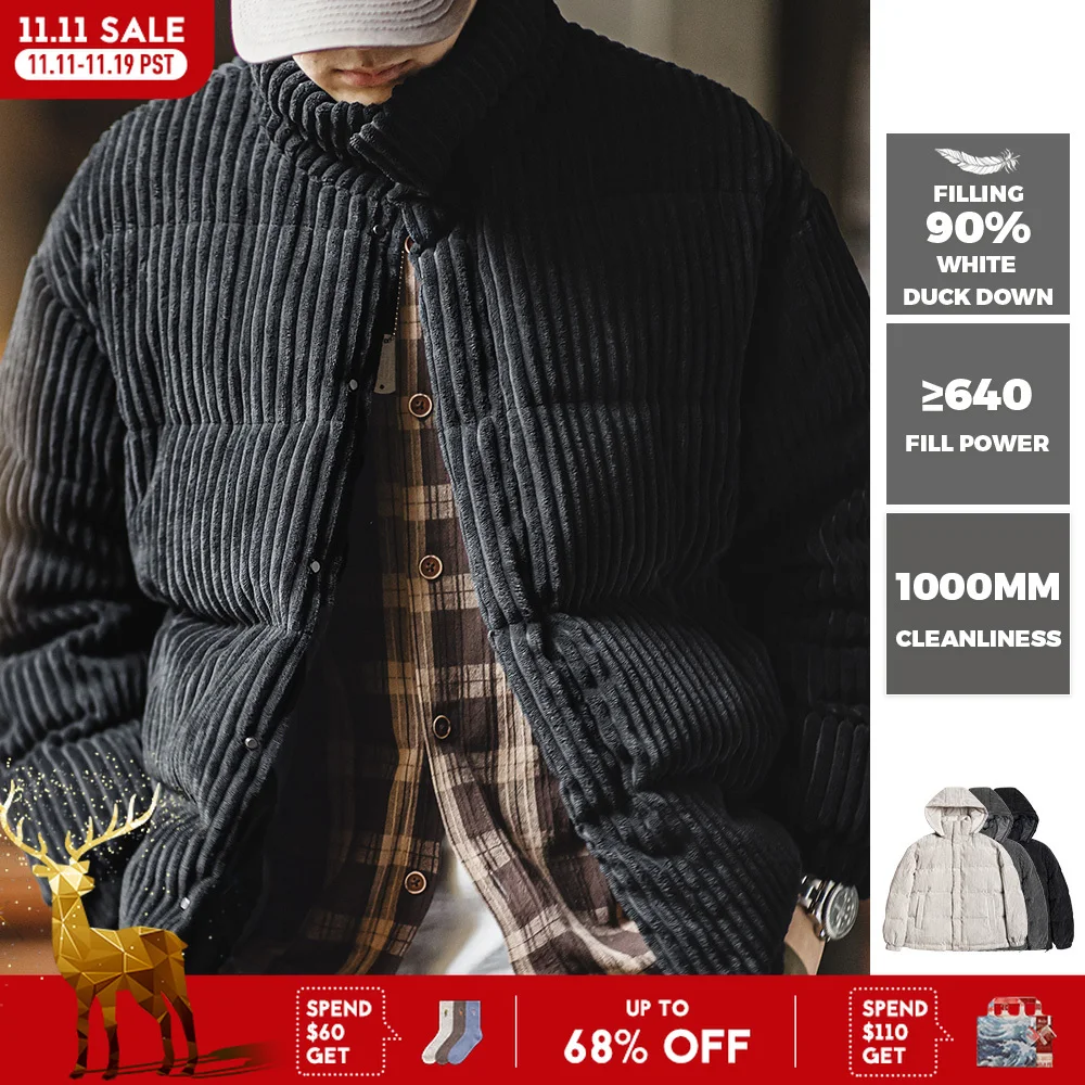 Maden Jaqueta masculina de veludo cotelê vintage Casaco quente de inverno listrado com capuz Capuz removível Roupas superiores confortáveis e quentes Preto cinza opções