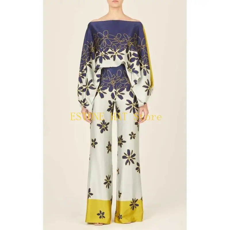 

49MF Комплект из топа с открытыми плечами и широких длинных брюк, дышащий комплект с завышенной талией для повседневного