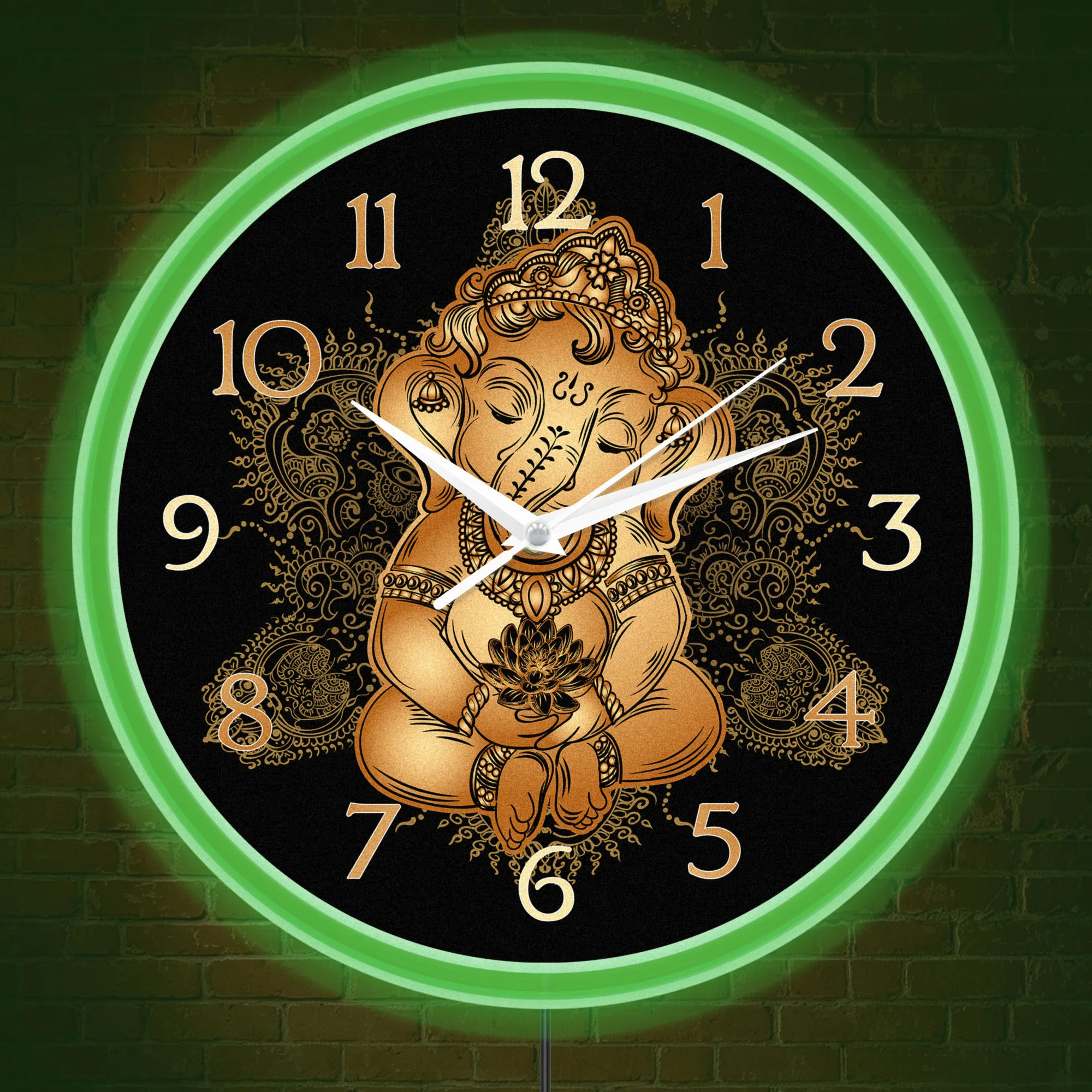 Golden Baby Ganesha Ornate Henna Meditation Pose Wall Clock for Meditation Room Yoga Studio Hindu LED Neon Light Up Wall Clock