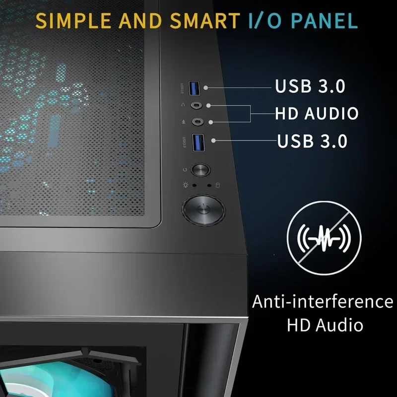 حافظة كمبيوتر للألعاب من Mid Tower، 6 مراوح PWM ARGB مثبتة مسبقًا، باب زجاجي مقوى مفتوح، USB 3.0 × 2، حقيبة كمبيوتر