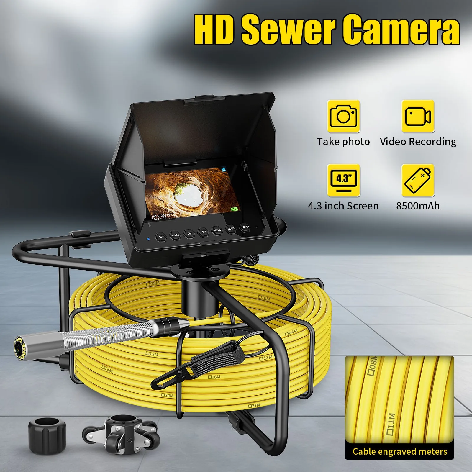 

Камера для осмотра канализации с самовыравниванием, 512 Гц, 17/18/23 мм, 4,3 дюйма, DVR, IP68, промышленный эндоскоп для труб, аккумулятор 8500 мАч, карта TF 16 ГБ