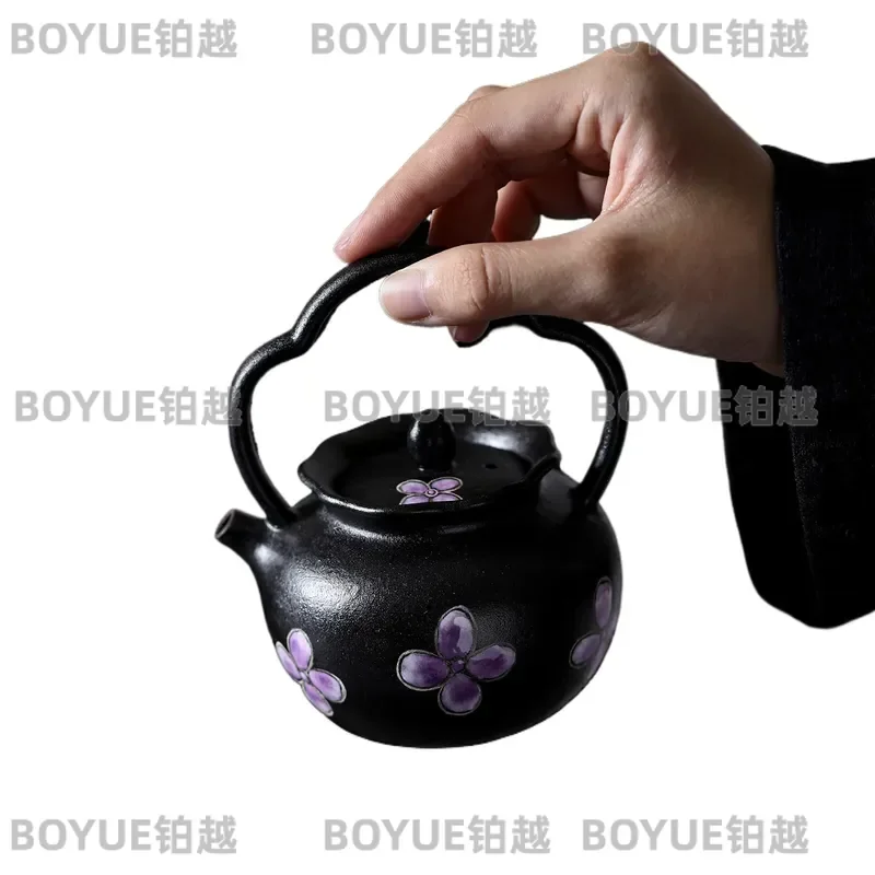Black Gold Glaze Hand Painted Four Leaf Clover Teapot Retro Rough Pottery Kung Fu Tea Set Household Anti Scalding Beam Pot