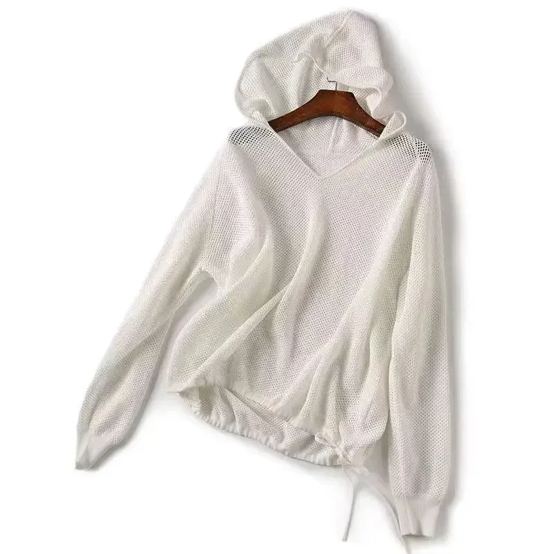 

Women Hollow Out Hooded Knitwear Spring Summer White Long Sleeve Casual Loose Pullover Tops Female Sweater