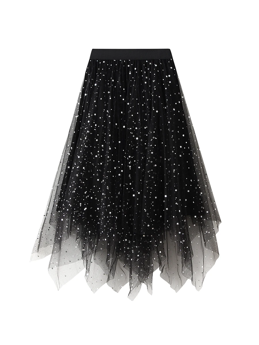 

Women Sequin Tulle Skirt Sparkly Tiered Mesh Long Skirt Elastic Waist Asymmetrical Pleated Skirt Carnival Skirt