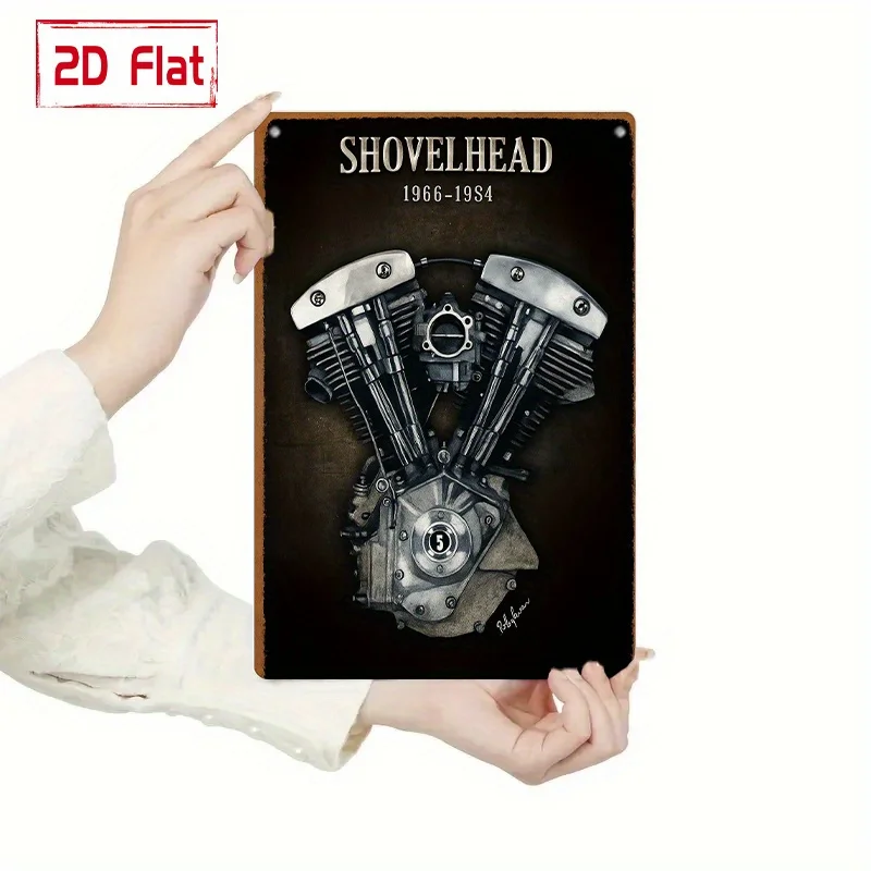 Aluminum Metal Sign, Vintage Shovelhead Motorcycle Engine Print Wall Art, Decorative Plaque for Biker & Man Cave Decor