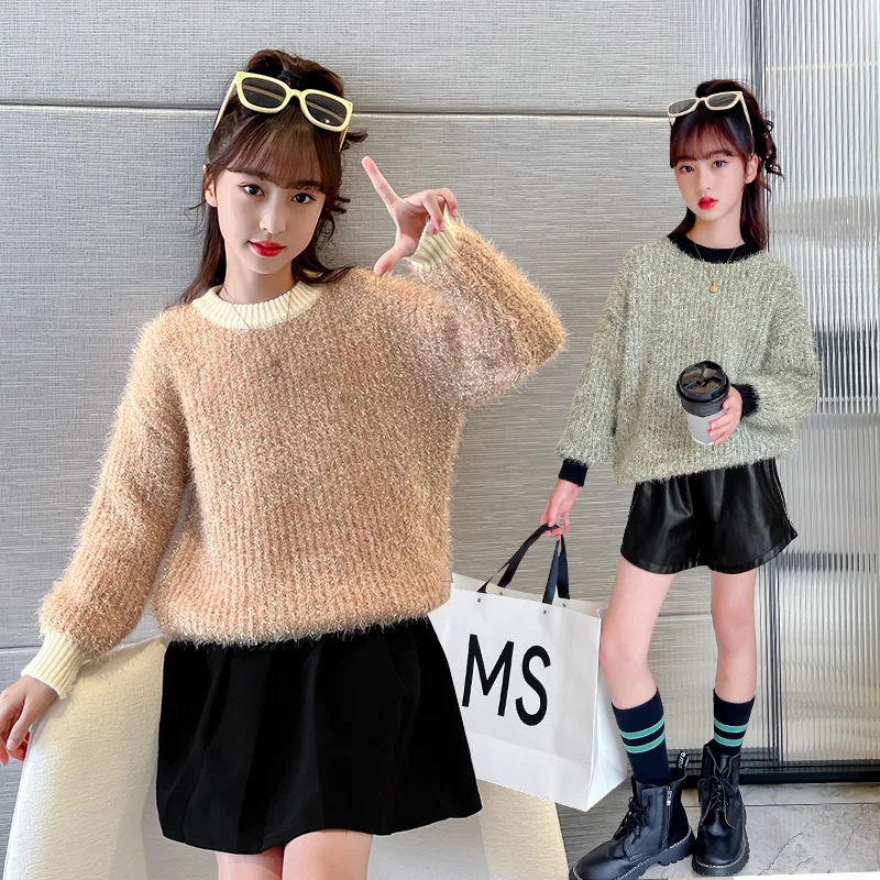 

Children's Sweater Autumn and Winter Foreign Trade New Baby Girl Solid Color Matching O-neck Pullover Sweater 6 7 8 9 10 11 12 Y