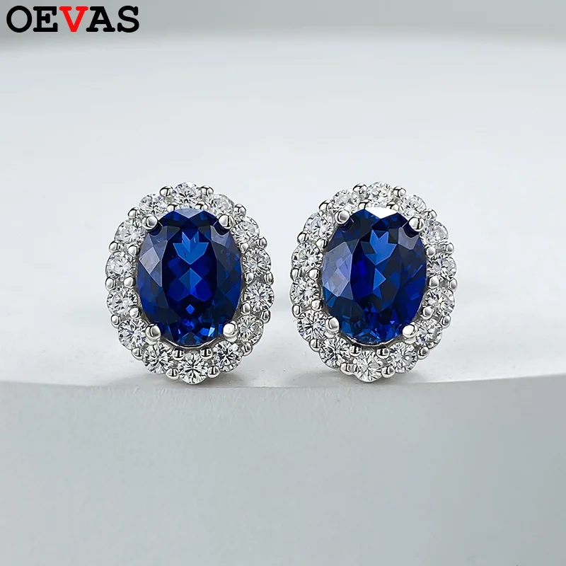 OEVAS الكلاسيكية البيضاوي 6*8 مللي متر الأحمر/الأزرق الزركون وأقراط للنساء 100% 925 فضة تألق الزفاف غرامة مجوهرات