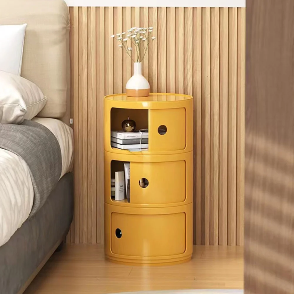 Cabinet Sliding Door Bedside Table Multi-layer Round Storage Cabinet Living Room Sofa Side Cabinets