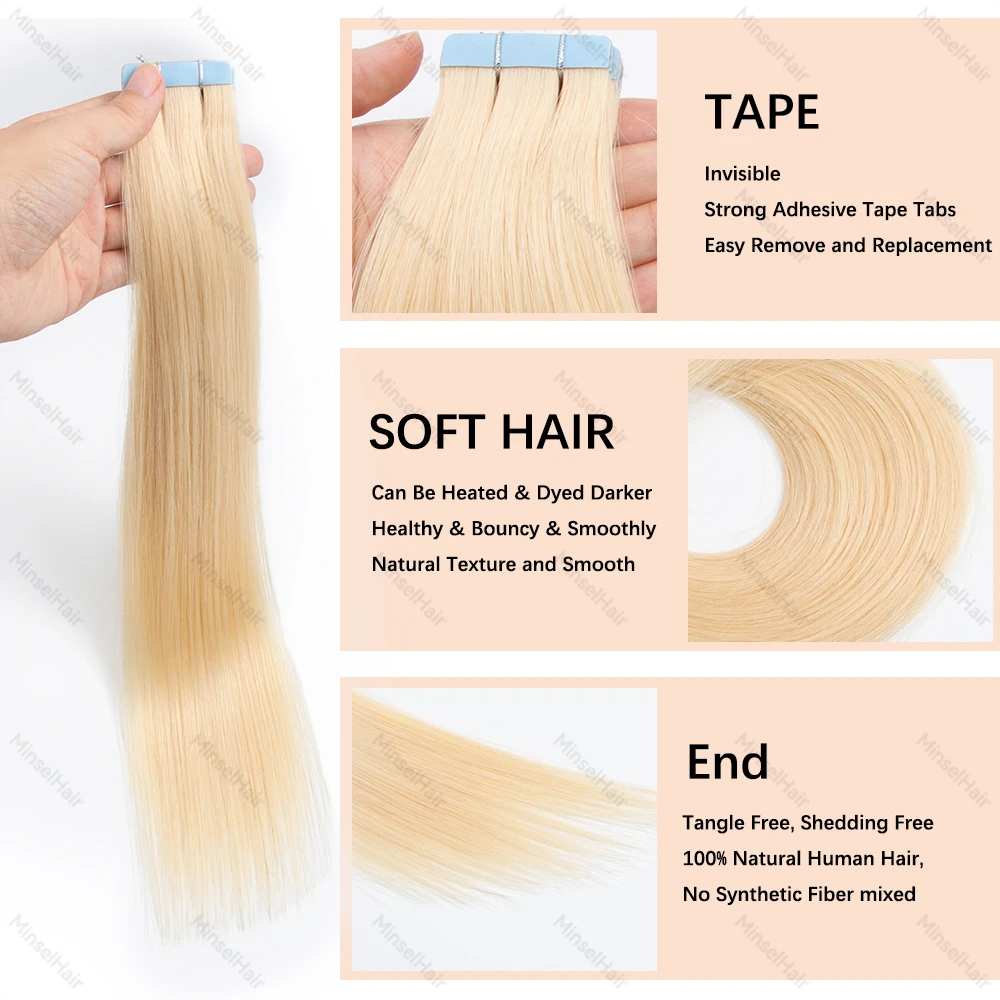 テープ式ヘアエクステンション 人毛100% レミーヘア ナチュラル 見えない接着剤 20枚/パック 簡単装着 14～22インチ 40/50g