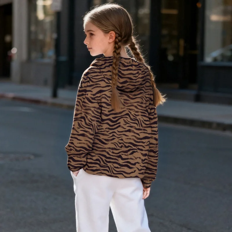 2025 Girls' Tiger Print Casual Fashion Hooded Sweatshirt