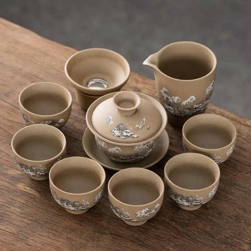 High-quality Coarse Pottery Kung Fu Tea Set Chinese Landscape Painting Ceramic Covered Bowl Vintage Tea Brewing Pot and Drinking