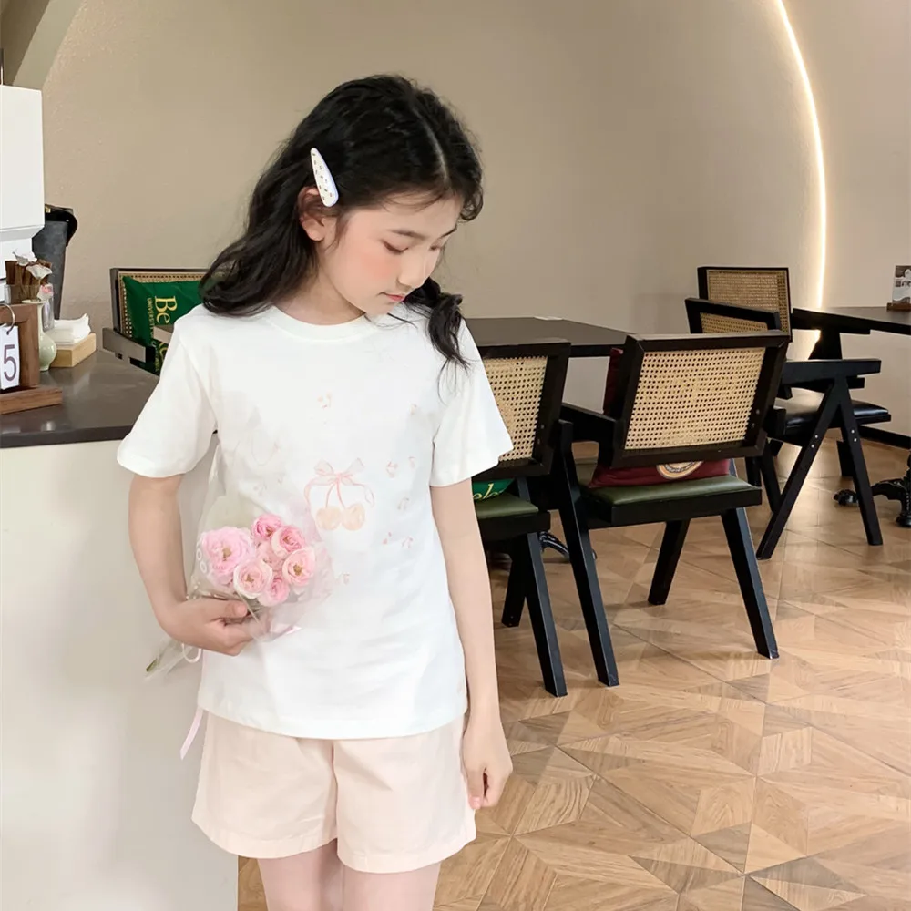 

summer t-shirt baby girls clothes pink sweet t-shirts Cherry Bow Printed T-shirt Cotton white short sleeved T-shirt baby tops