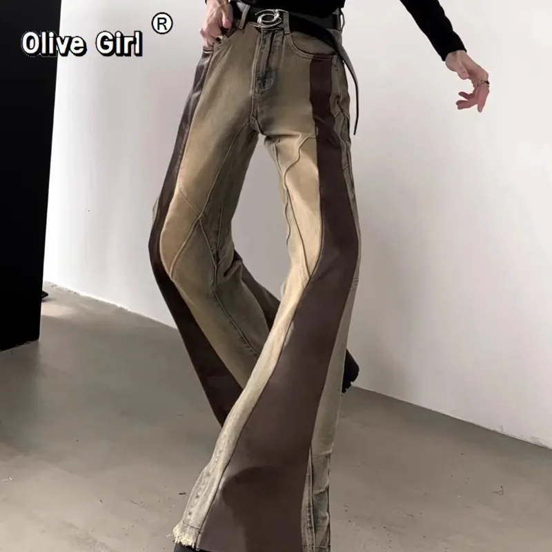 Olivegirl Jeans High Street Ink Splash Dirty Dye Distressed Scimitar Trousers Women Men American Straight Loose Casual Long Pant