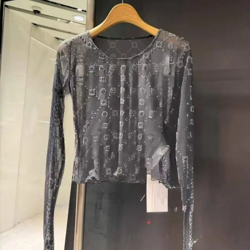 

Sexy T-Shirt Long Sleeve Crop Top for Women Diamond Grid Mesh Y2K Fashion Slim Fit Casual Streetwear Base Layer Top