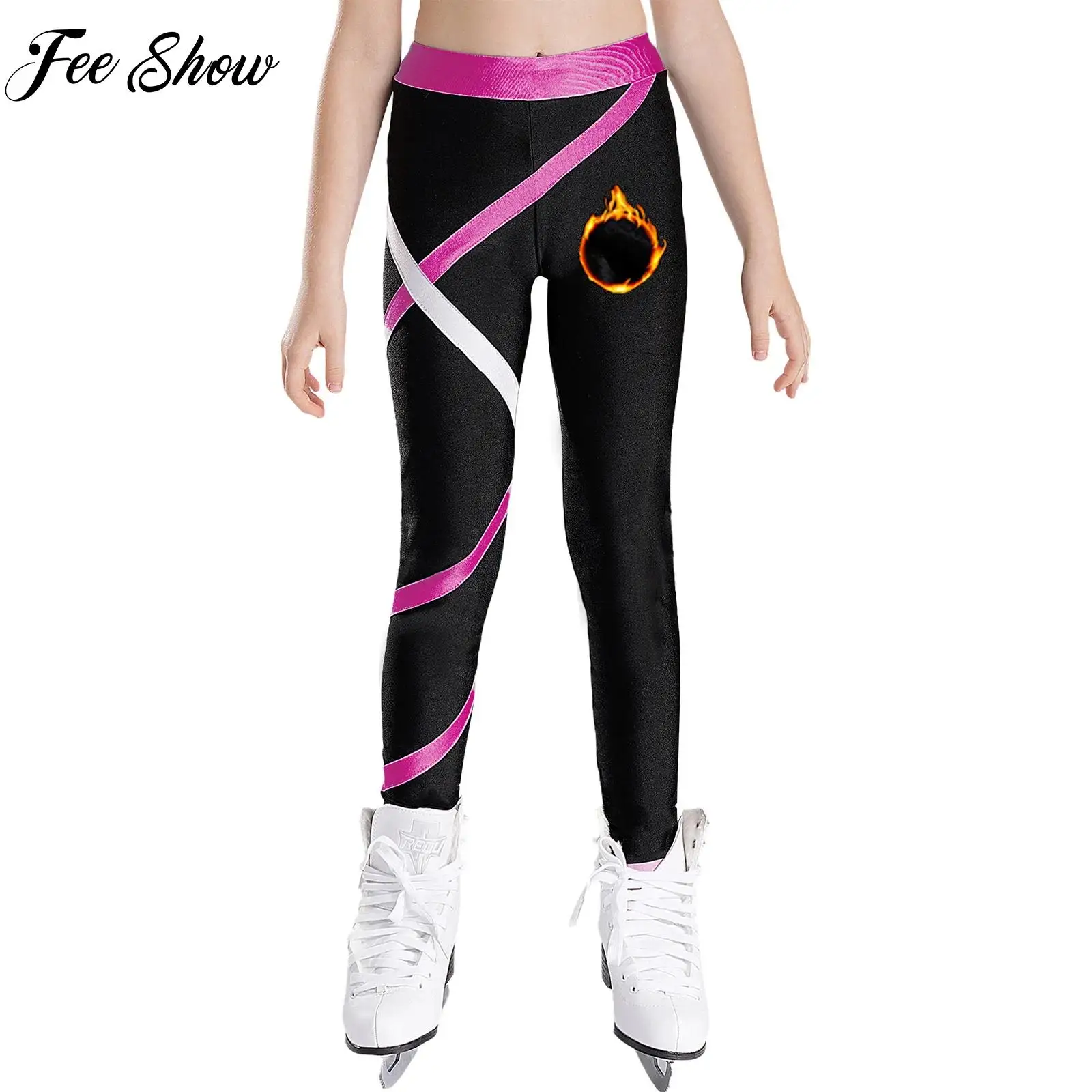 Kids Figure Skating Leggings Fleece-Lined Trouser Patchwork Leggings for Girls Ballet Gymnastics Dance Workout Pants Sportswear