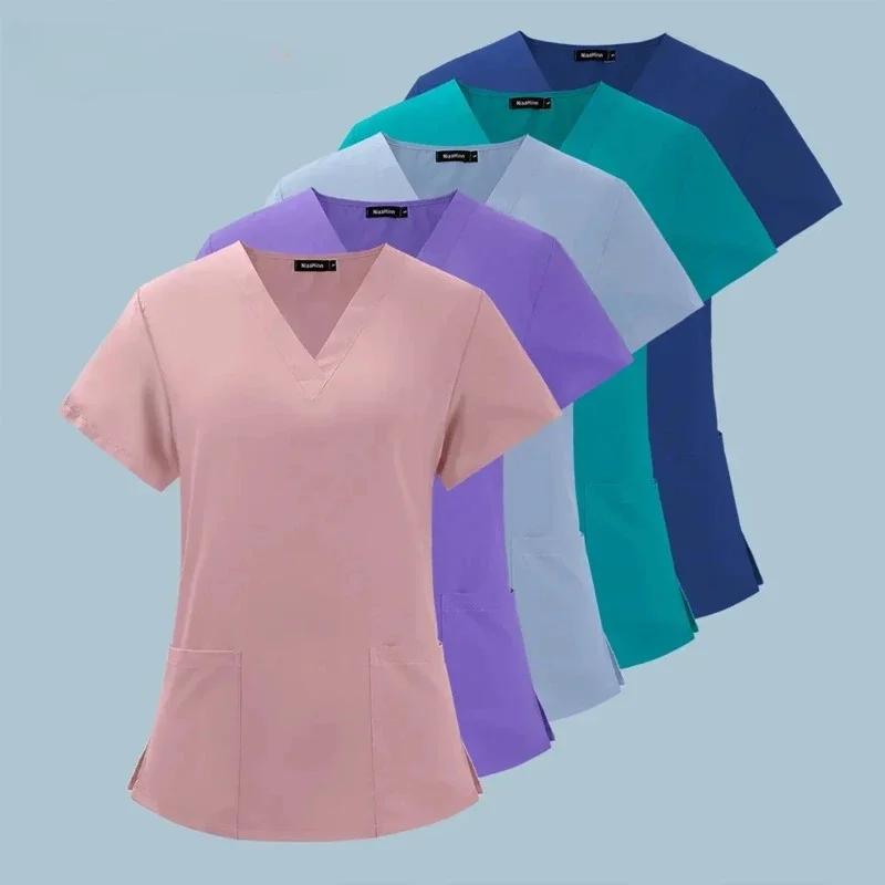 Nurse Uniform Clinic Blouse Summer Women's Short Sleeve V-neck Pocket Care Workers T-shirt Tops Summer Workwear Fsahion Tops