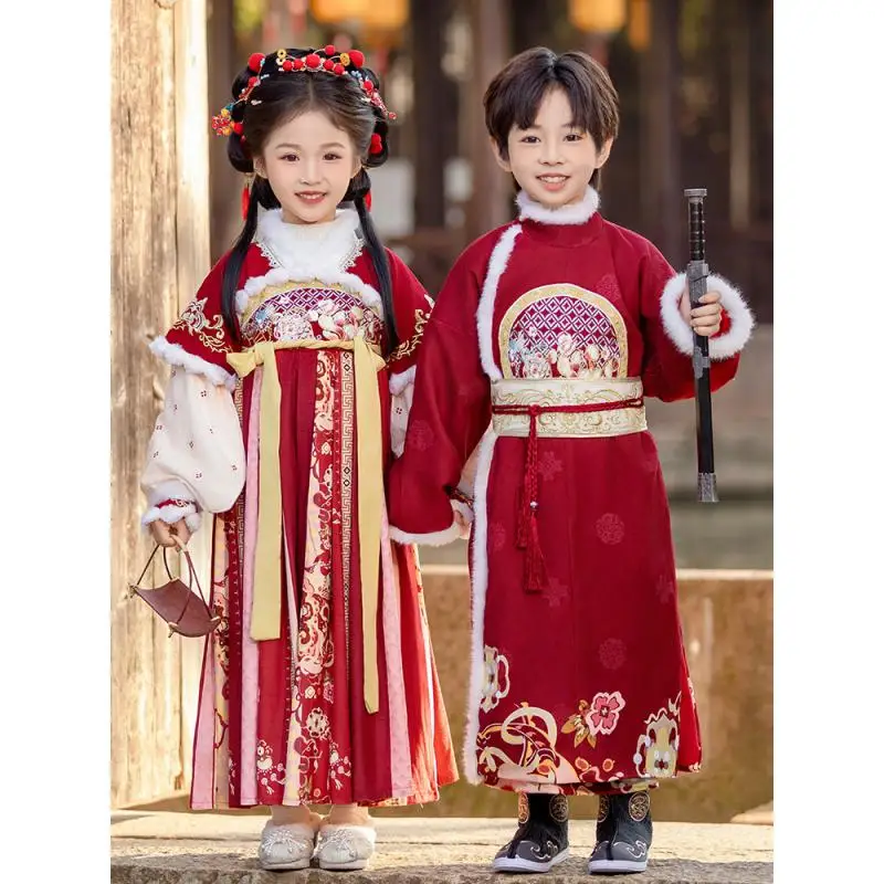 

Boy And Girls Winter New Warm Hanfu Quilted Dress Robe Kids Ancient Fairy Costume Kids Tang Suit 2026 Chinese New Year Outfit