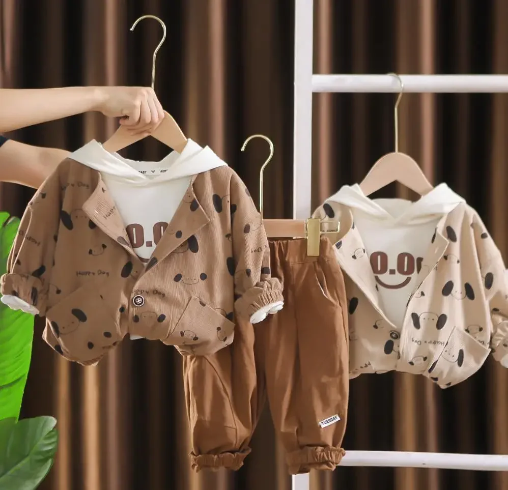 Spring Autumn Suits for Children Baby Clothing 1 To 2 Years Cartoon Puppy Print Jackets+Hooded T-shirts+Pants 3Pcs Boys Outfits