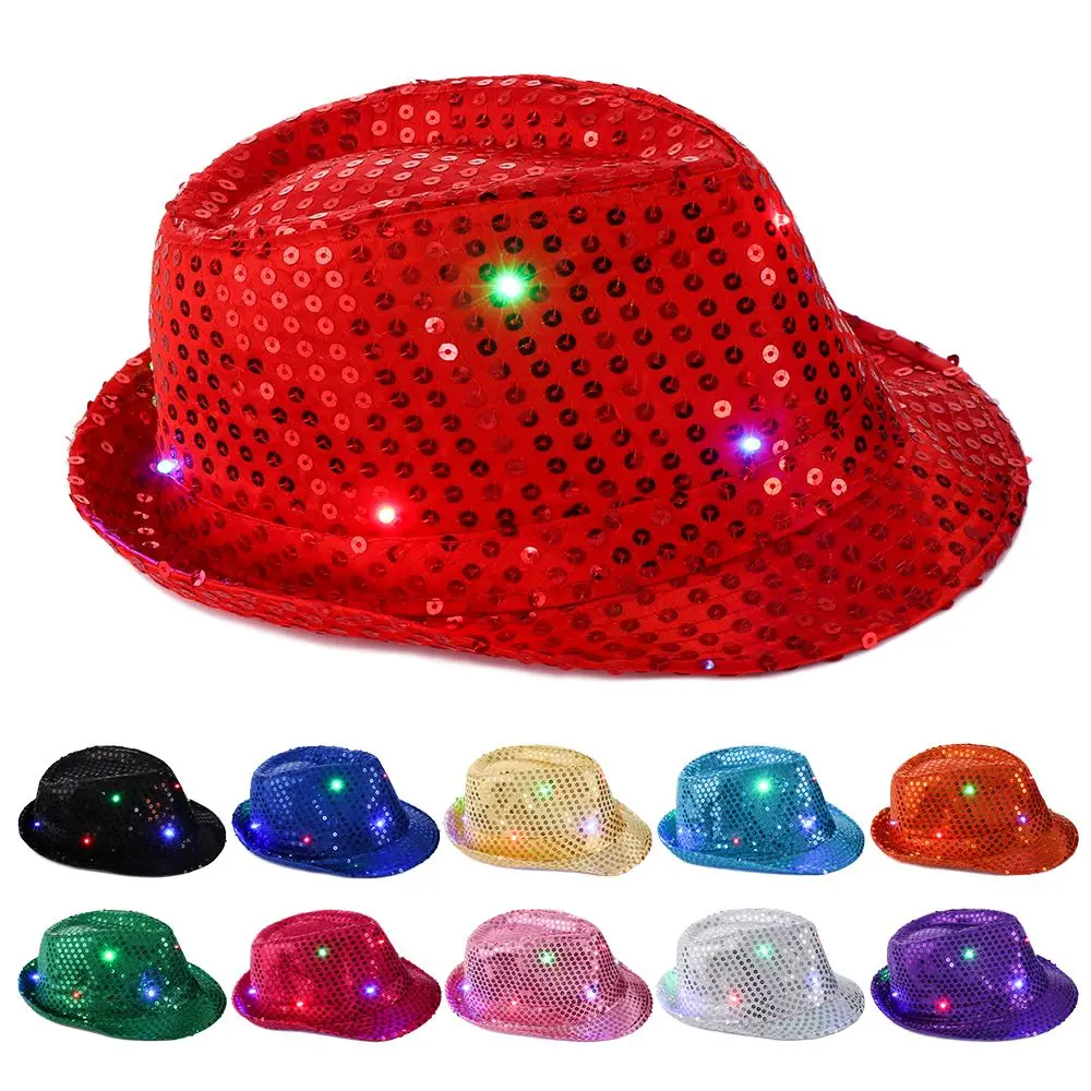 New Fashion Dress Dance Party Flashing Jazz Hat Led Fedora Trilby Sequin Panama Cap