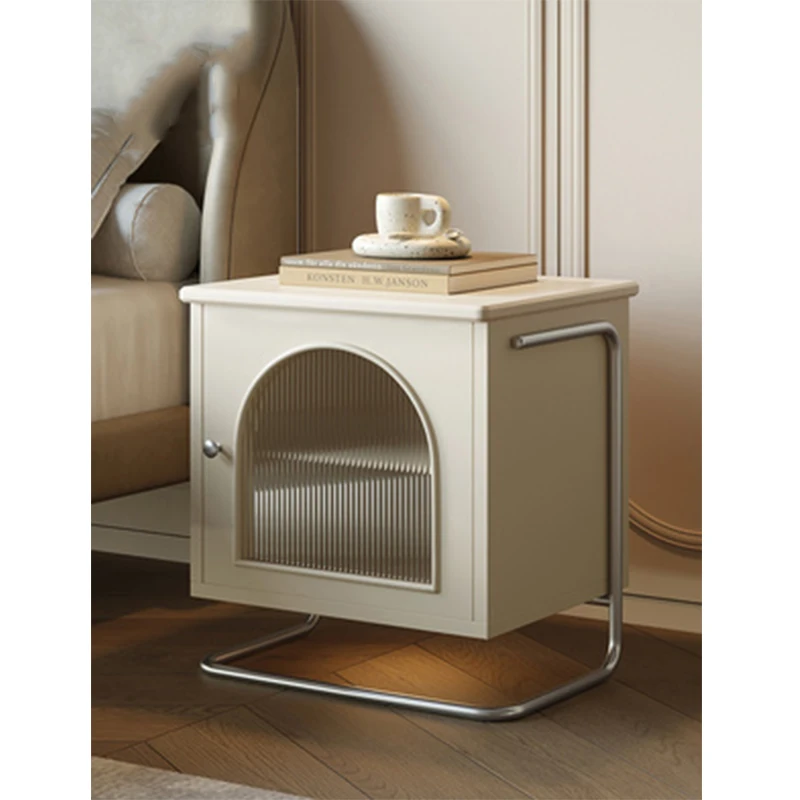 French Cream White Smart Bedside Table With Light Modern Minimalist Multi-functional Bedroom Storage Nightstand - view 4