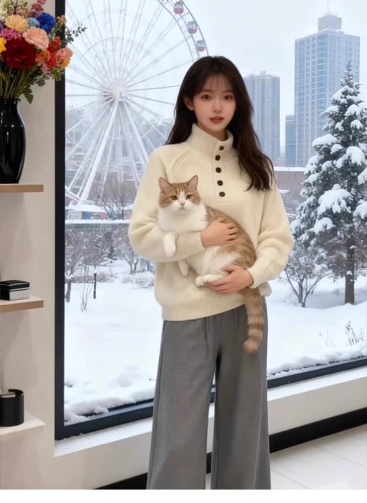 100% suéter de lana pura para mujer 2025 Otoño/Invierno nuevo jersey de punto de cuello alto moda coreana Top suelto suéter suave y cómodo