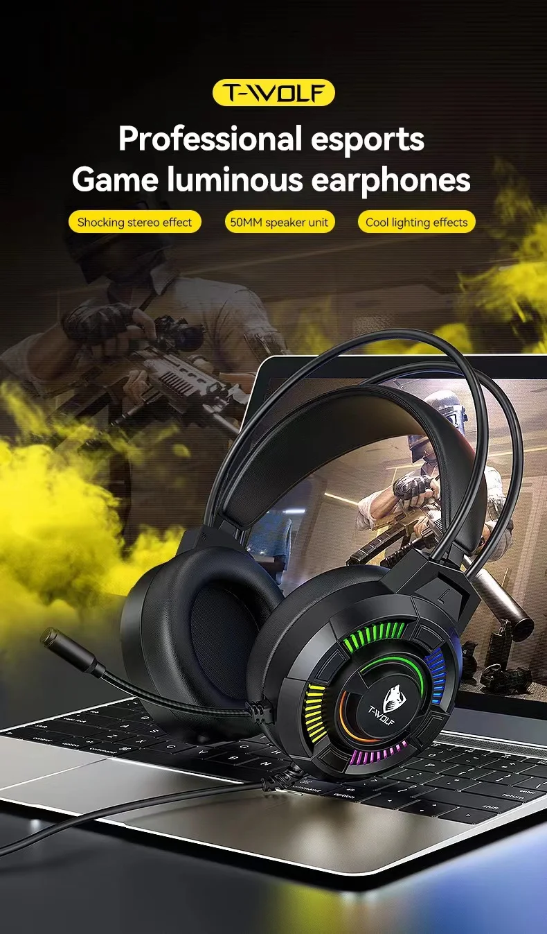 

TESDINE H140 Head mounted Computer Earphones Laptop Light up Wired 7.1 USB Gaming and Esports Earphones