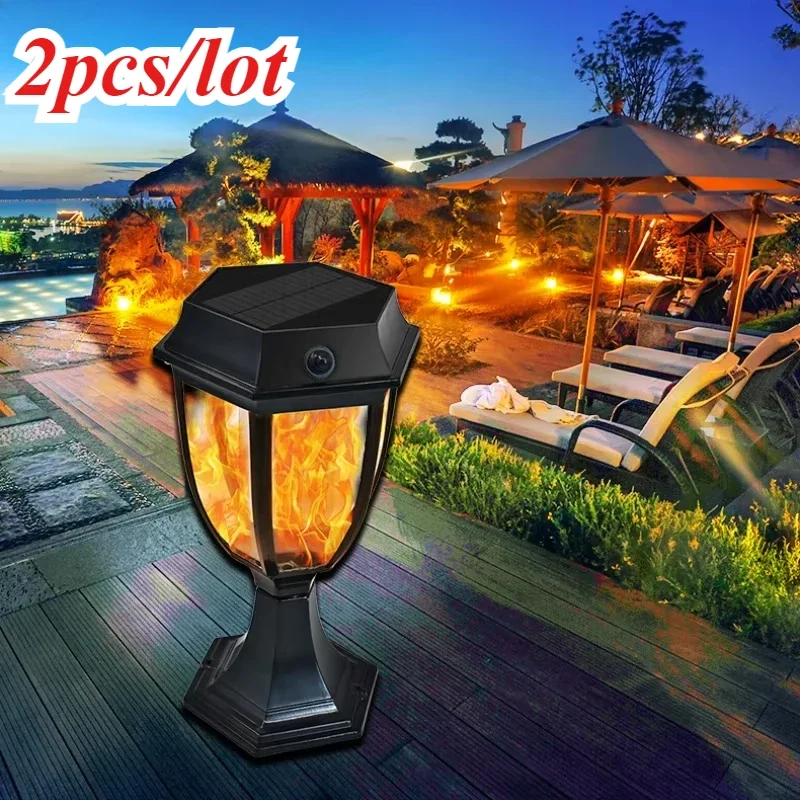 

99LED Solar Light Garden Decor 2200mAh Retro Pillar Wall Outdoor Foyer Simulation Flame Lamp Waterproof Metal Hexagon Light