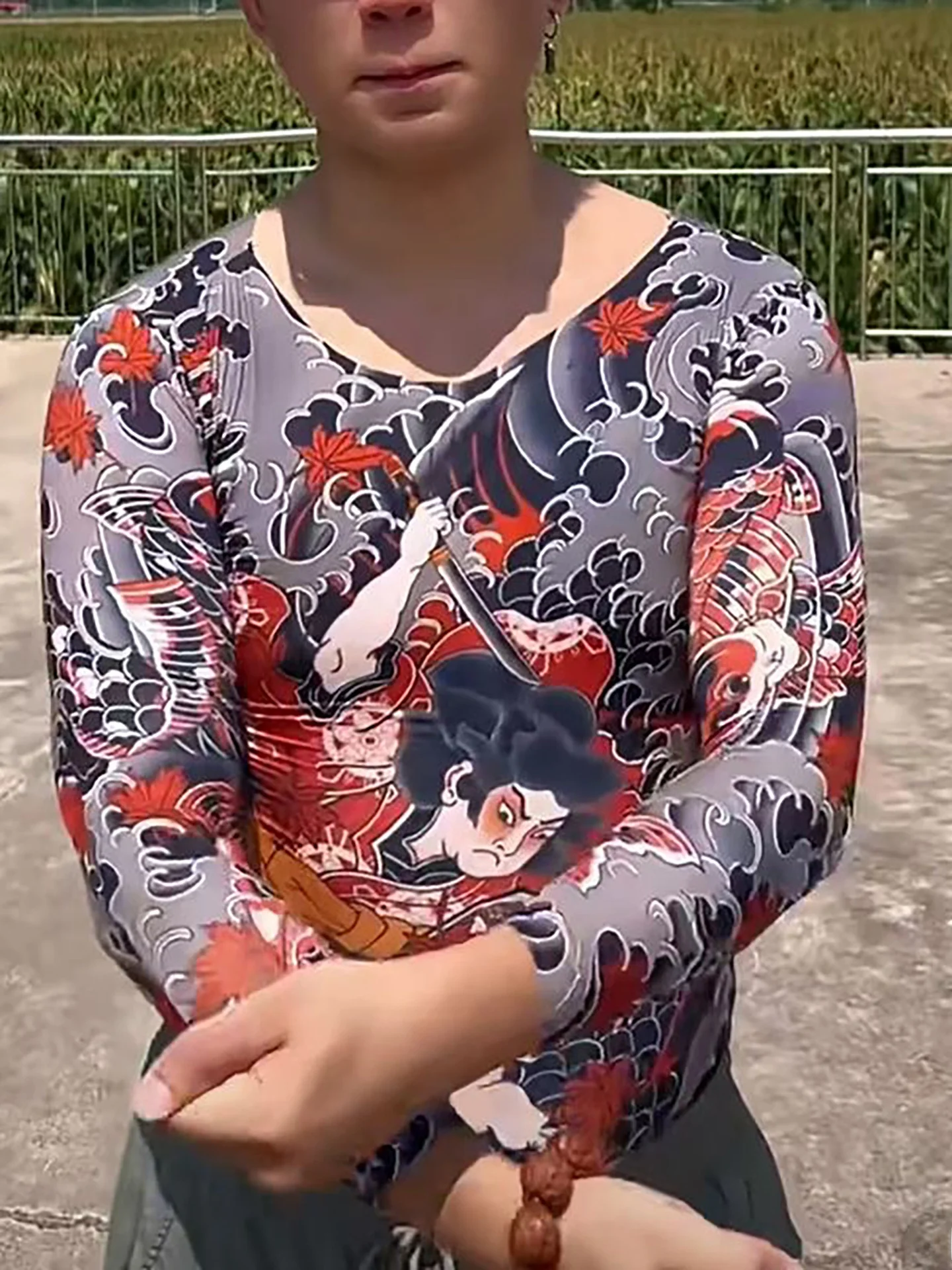 New Fashionable Tattoo Clothes Thin High Elastic Close-Fitting T-Shirt Summer Breathable Long Sleeve round Neck Print Top