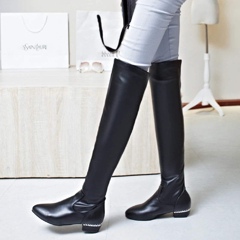 Slim Thigh High Women's Boot Low Heels Autumn Spring Knee High Boots Casual Tall Black White Ladies Winter Shoes Elegant image 2
