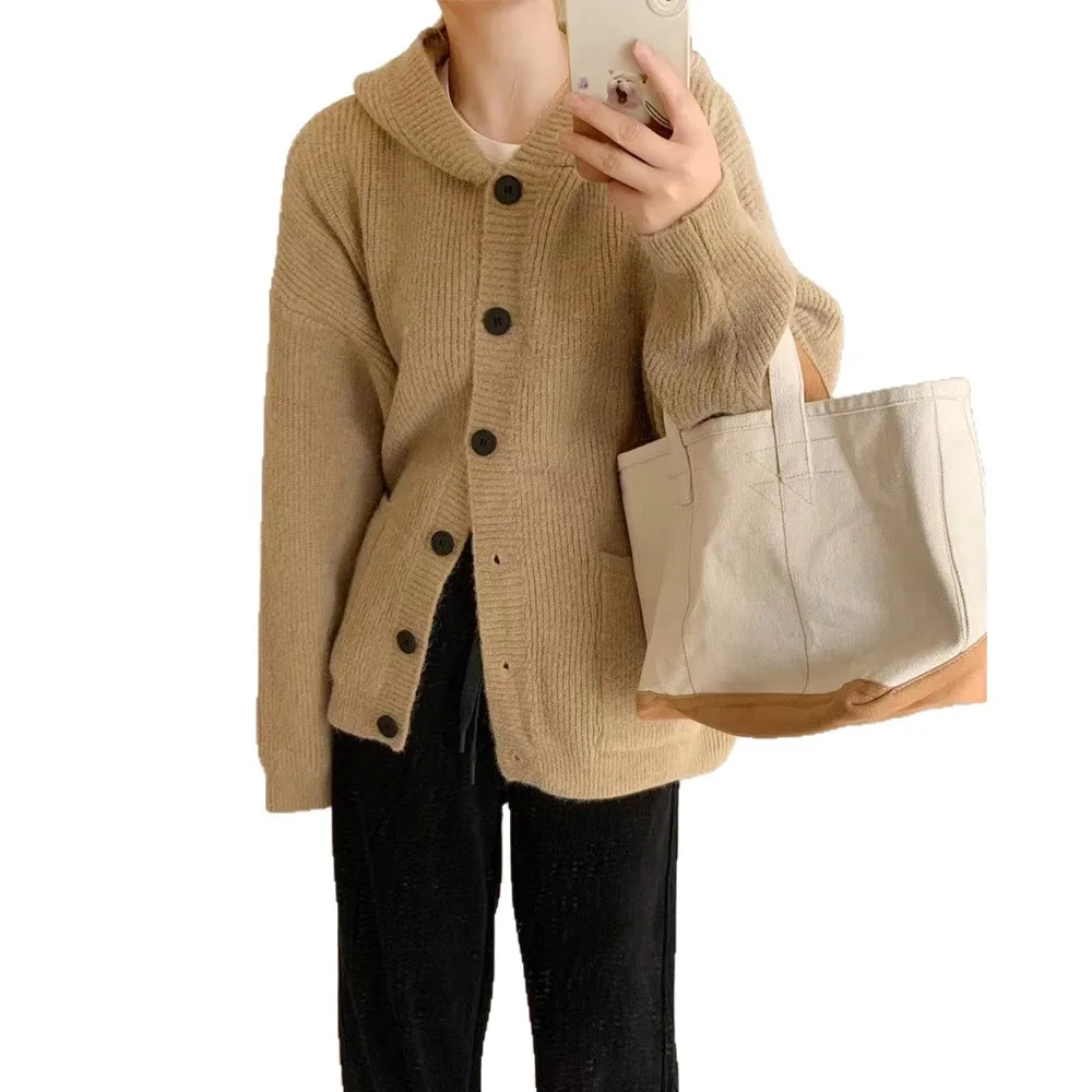 Cárdigan de punto grueso holgado de talla grande para mujer, abrigo de estilo perezoso, suéter con capucha suave y grueso de estilo coreano, otoño e invierno