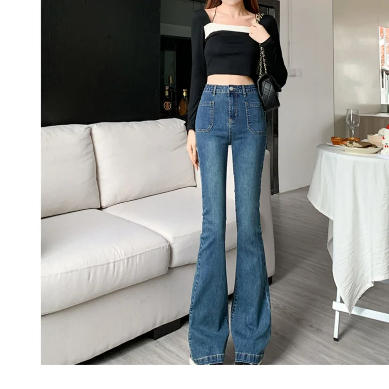 

Blue High Waist Women's Jeans Flare Pants Vintage American Fashion Street Wide Leg Jean Female Denim Trouser Baggy Denim Pants