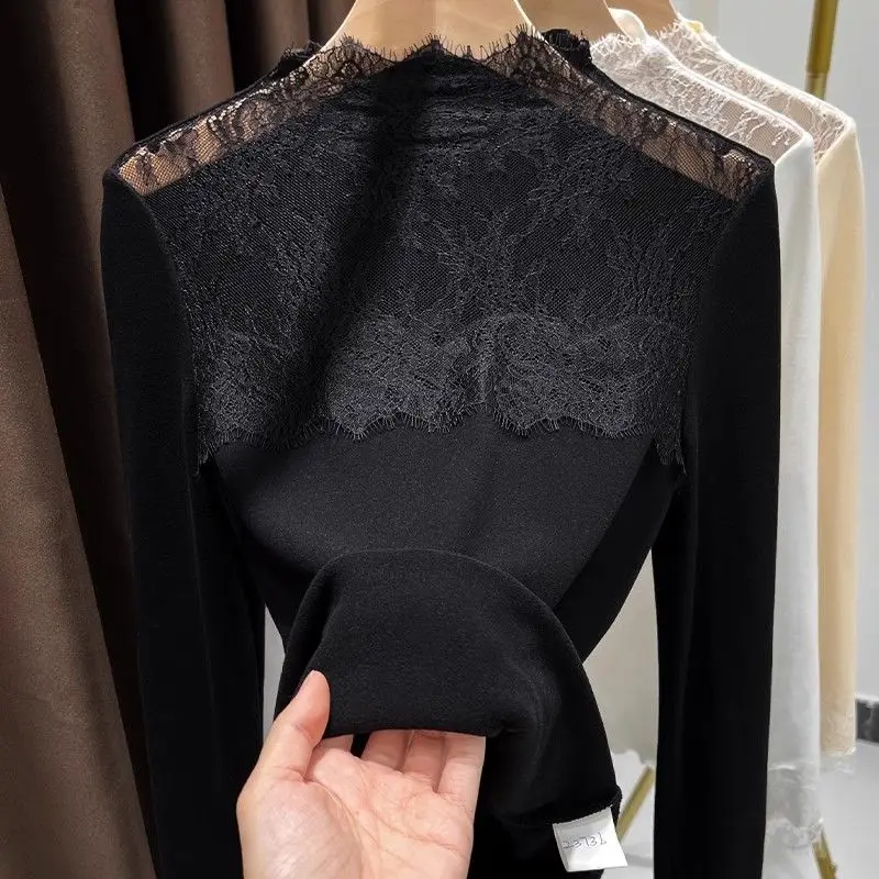 Half-high Neck Hollow Lace Splicing Base Shirt for Women 2025 Spring and Winter Grinding Velvet Slim Warm Top