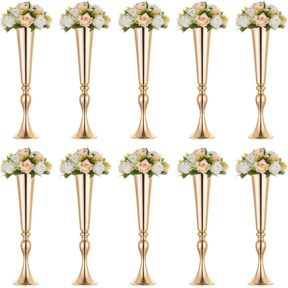 

Gold Tall Centerpiece Table: 21.9" Trumpet Vases for Wedding Metal Flower Stand for Party Decorations Set of 10
