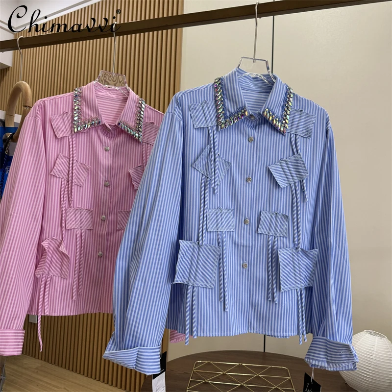 French Heavy Hot Diamond Lapel Patch Single-breasted Design Long Sleeve Striped Shirt Autumn New Fashion Loose Casual Blouse Top