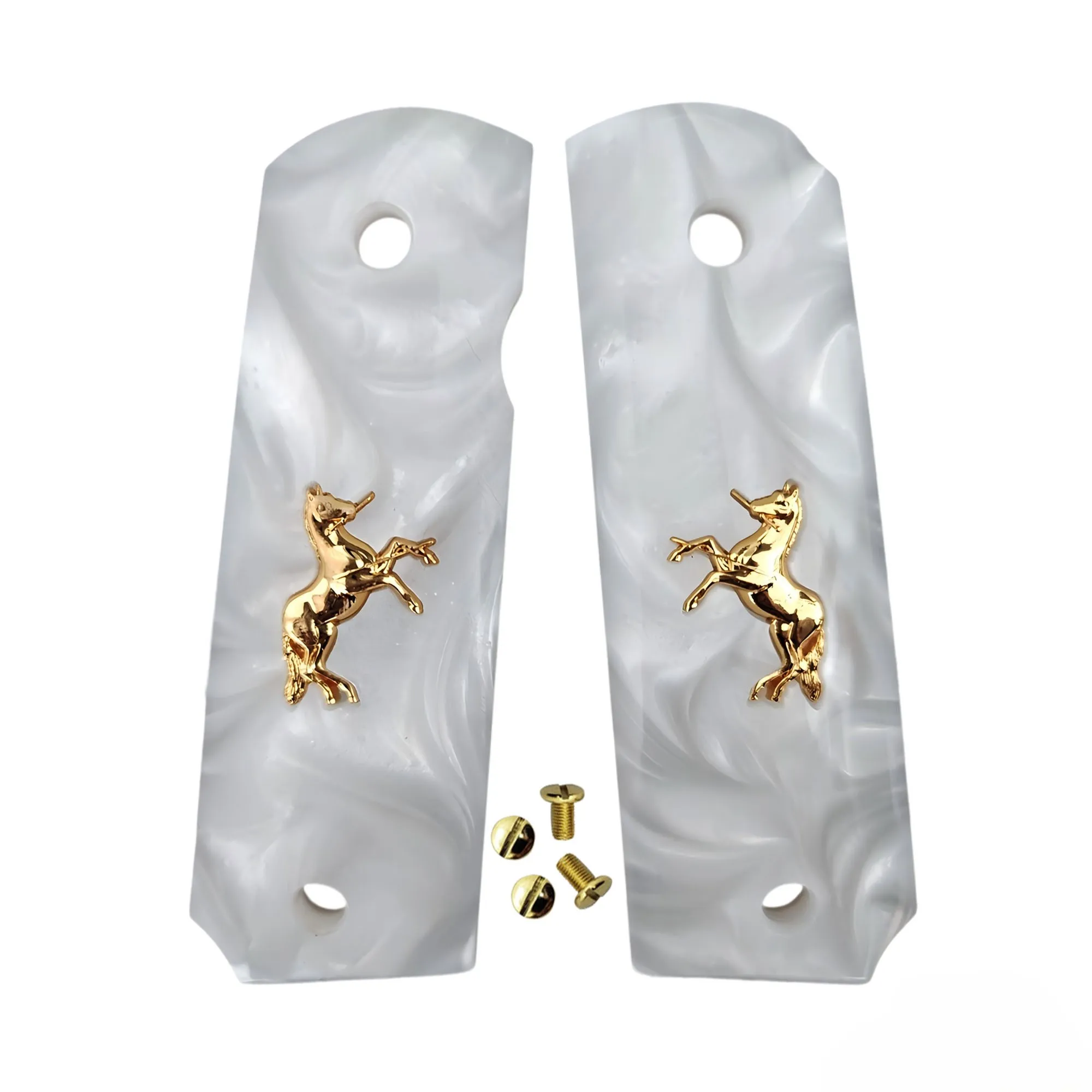 

Рукоятки 1911, полноразмерные, белый перламутр с золотым конем, подходят для Colt, Kimber, Springfield, Remington, Rock Island, Government Commander