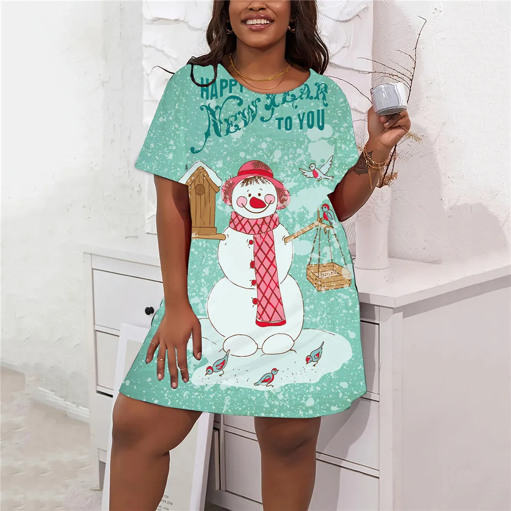 9XL Plus Size Dresses 2025 Christmas Snowman Pattern Women Dress Winter Casual Cute Short Sleeve Loose Party Mini Clothing 8XL