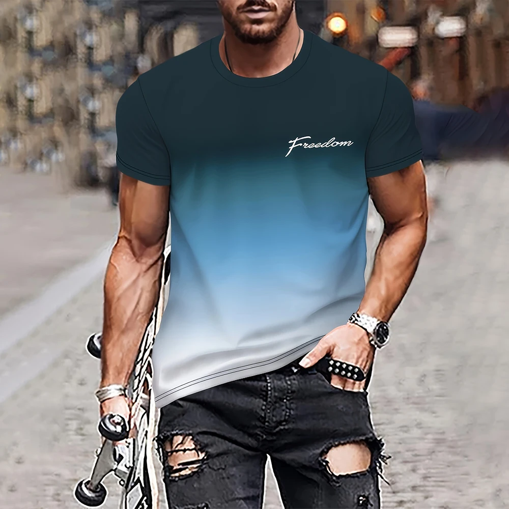 

3D Gradient Letter Graphic Printed Men's T-Shirt Casual Comfy O-neck Short Sleeve Tees Outdoor Sports Oversized Men Clothing Top