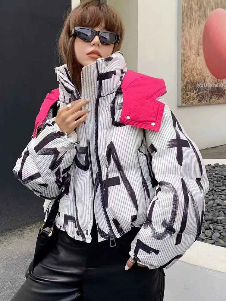 Winter Coats Down Jackets for Women 2024 Stand-up Collar Thick Warm Outerwears Letter Prints High Street Short Down Jacket