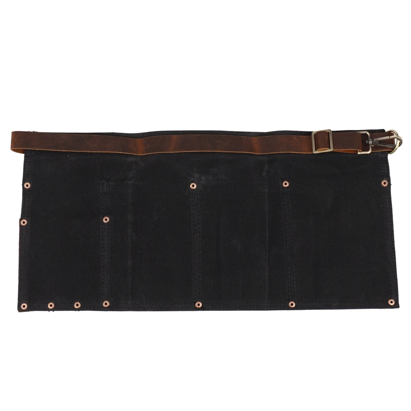 مريلة متعددة الجيوب للنساء من الجلد الطبيعي مصنوعة من القماش بنصف مريلة وجيب للنادلة وخادم مستحضرات التجميل باللون الأسود