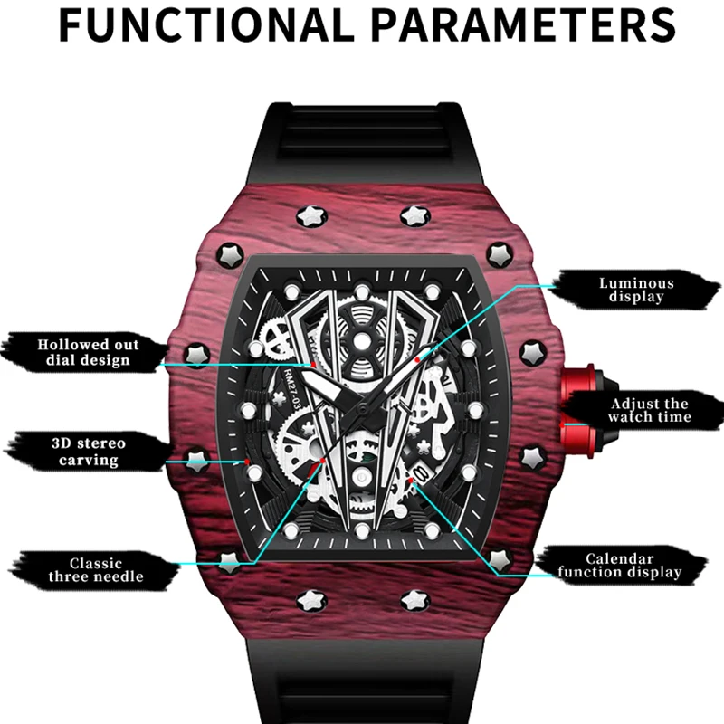 BINBOND ساعة رجالية جديدة ساخنة الاستبداد برميل منحني مرآة سطح مجوف الرياضة مقاوم للماء ساعة سيليكون كوارتز رجل ساعة اليد